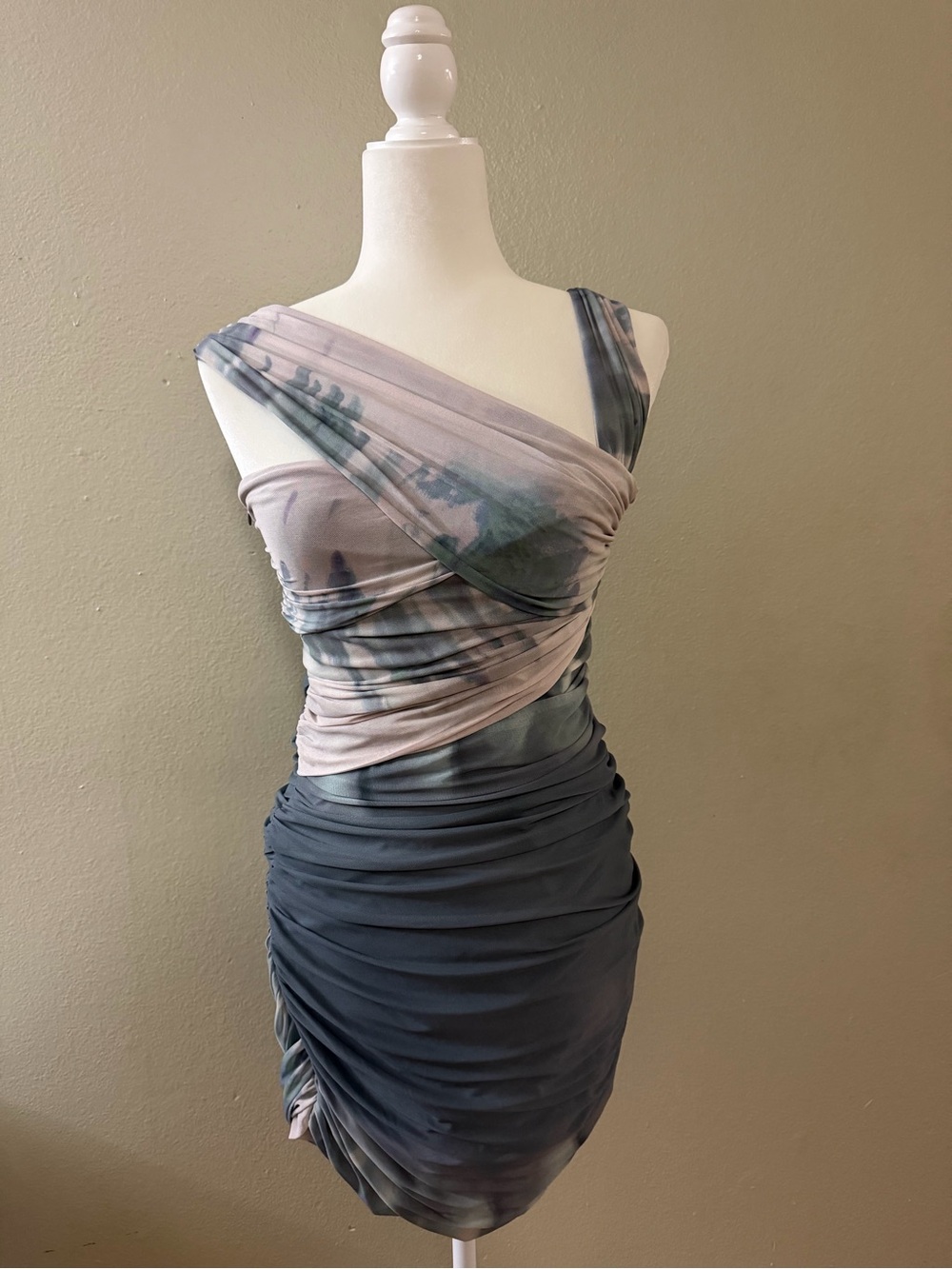Zara Asymmetrical Ruched Mesh Tie Dye Bodycon Dress Size M